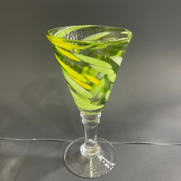 Hand Blown Glass Goblet - Green and Yellow Mixed Glass - 8" Tall - Picture 1 of 10